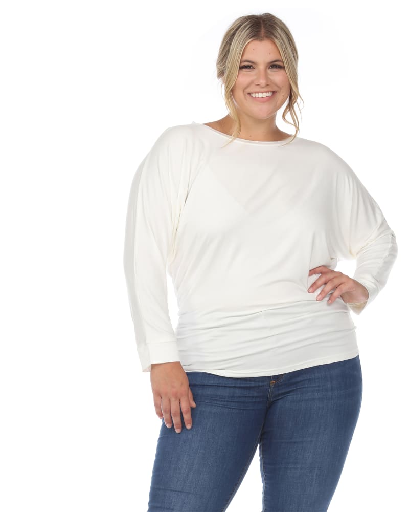 Front of a model wearing a size 3X Dolman Sleeve Top in White by White Mark. | dia_product_style_image_id:257725